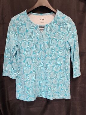 Blair Turquoise Shell-Print 3/4 Sleeve Top